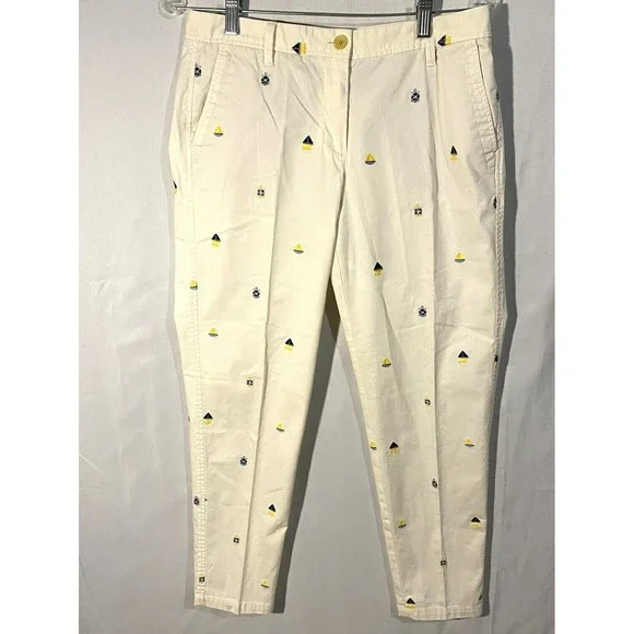 Talbots Pants Embroidered Nautical Sz 4 Ivory Girlfriend Chinos Ankle Length - Picture 1 of 12